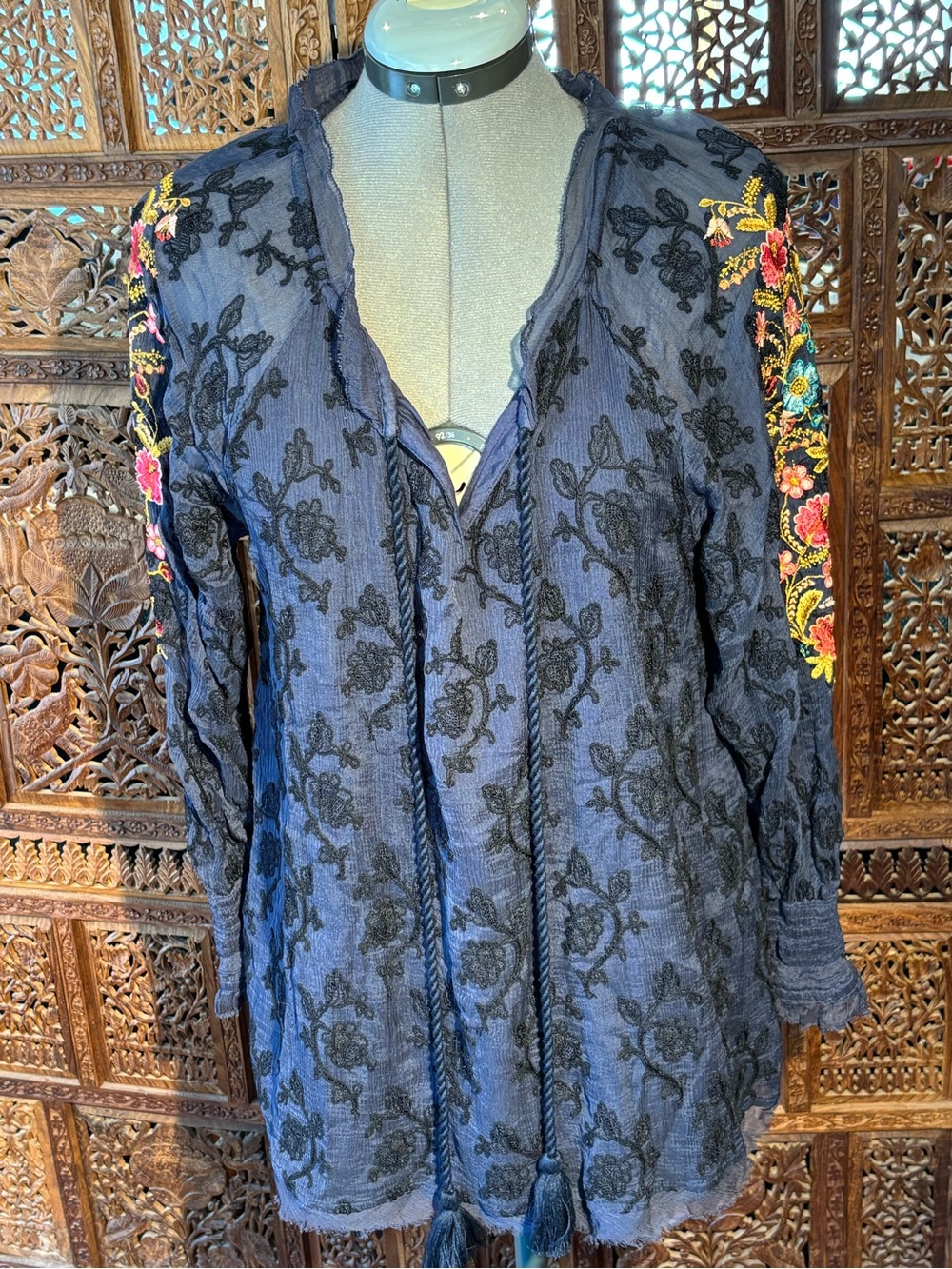 Sundance Navy Tunic with Black Embroidered Motif and Colorful Sleeve Florals